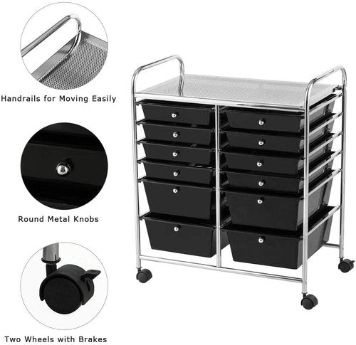 SPSUPE 12-Drawer Rolling Storage Cart, Utility Cart Storage Shelves with 4 Universal Wheels, Tools Scrapbook Paper Organizer, Ideal for Home Kitchen Office Organizing (Black)