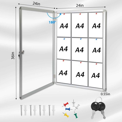 Benut 36"x24" Enclosed Bulletin Board with Locking Door, Tamper-Proof Dispaly Case, Aluminium Frame, Outdoor Bulletin Board Weatherproof, Lockable Cork noticeboard for School,Office,etc