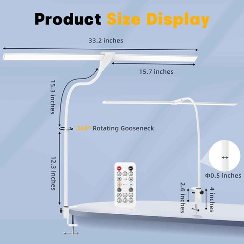 Peloite LED Desk Lamp for Home Office, 50 Brightness & Temperature Modes, Eye Protection, Dual Head Dimmable Table Light, 360° Adjustable Gooseneck with Clamp Remote Control, 90% Energy Saving (White)