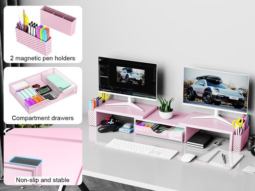 Spacrea Metal Desk Organizers and Accessories, Dual Monitor Stand Riser with Drawer and 2 Pen Holders, Desk Accessories & Workspace Desktop Organizers for Office Supplies (Pink)