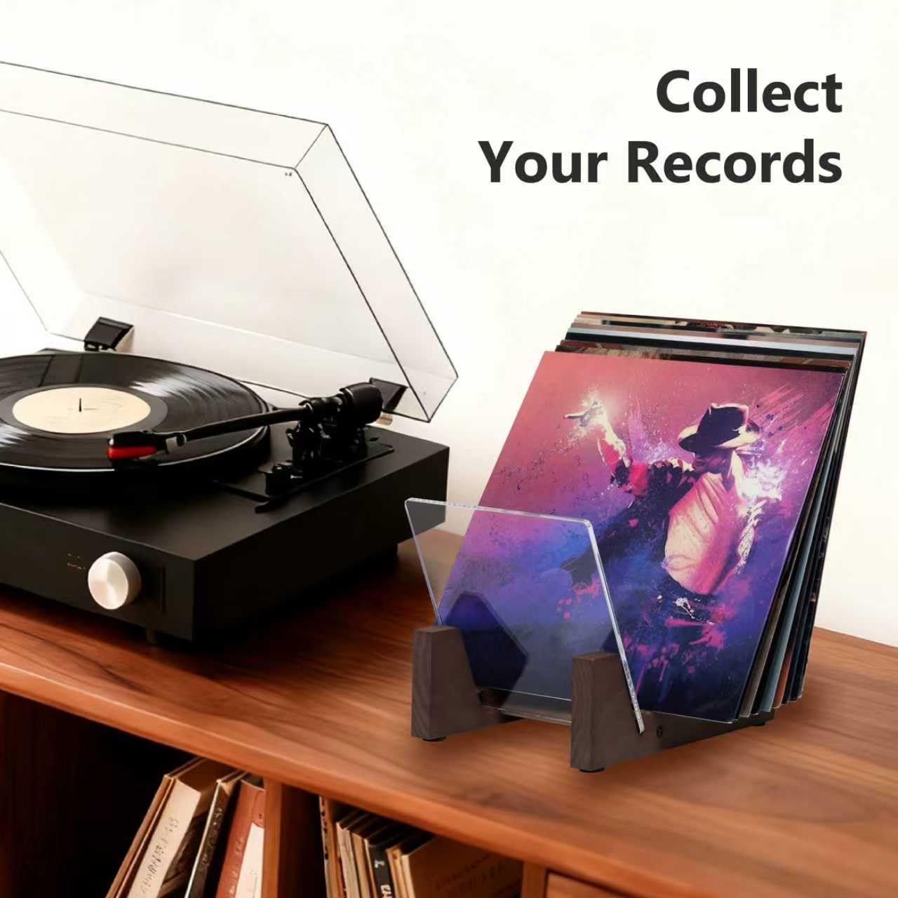 KAIU Vinyl Record Storage Holder - Stacks up to 30 Albums, 7 or 12 inch - Solid Wood Stand with Clear Acrylic Ends - Display Your Singles and LPs in This Modern Portable Rack Unit