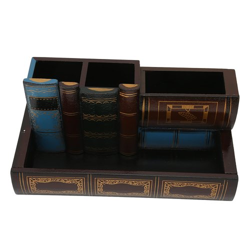 Retro Pen Holder, Vintage Fake Book Shaped Wooden Pencil Holder Desk Organizer with Drawer Wooden Pencil Cup for Home Office Study Library