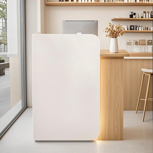 Small Reception Desk for Small Spaces with Lockable Drawer, Compact Office Desk & Salon Reception Counter | Curved Baffle Design, Modern L-Shaped Workstation, Secure Storage(White+Wood)
