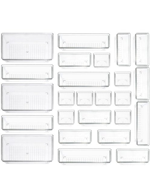 Clear Plastic Drawer Organizer Storage - 25Pcs 4 Size Desk Bathroom Kitchen Organizers and Accessories Office Organization, Vanity Stackable Drawers Bins Trays Containers Dividers Makeup Sets