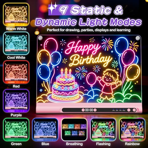 Pink 16-Inch Rechargeable LED Drawing Board for Kids with 9 Colors & Markers