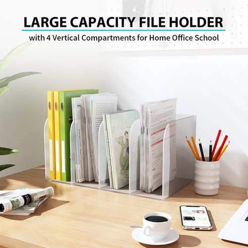 Jumyee Acrylic File Organizer, Clear Desk Organizer Workspace Sorters, Magazine Binder Holder with 4 Vertical Compartments Bookshelf for Desk Home Office