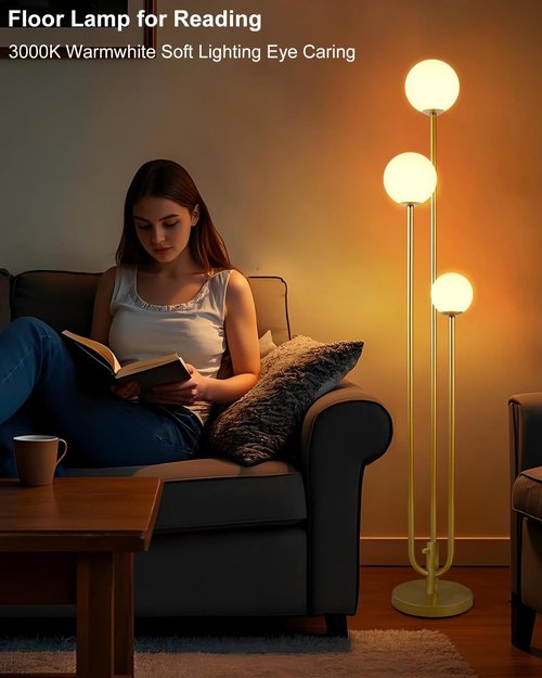 Lightdot 63-Inch Gold Floor Lamp - Dimmable 3-Light Globe LED Design | Soft Warm White for Living Room & Bedroom Decor
