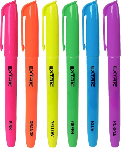 EXTRIC Highlighters - 6 Pack Fluorescent Assorted Colors | Quick Dry, Smudge-Free, Pocket Size