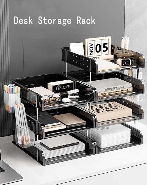 Clear Acrylic Desk Organizer, Multi-Tier Letter Tray with Pen Holder, Office Storage for Documents and Supplies