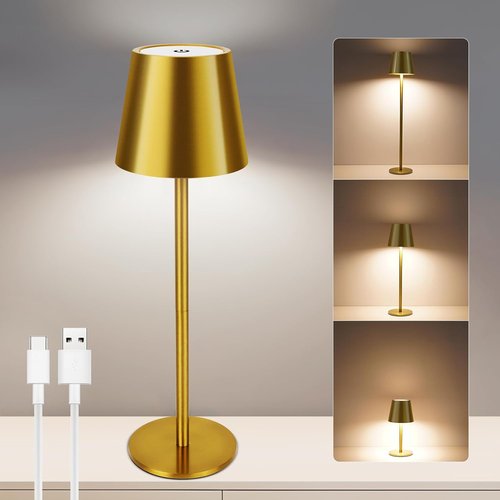 Gold Cordless Table Lamp - Adjustable Height 8-20 Inches | 5000mAh Rechargeable LED, 3 Color Dimmable