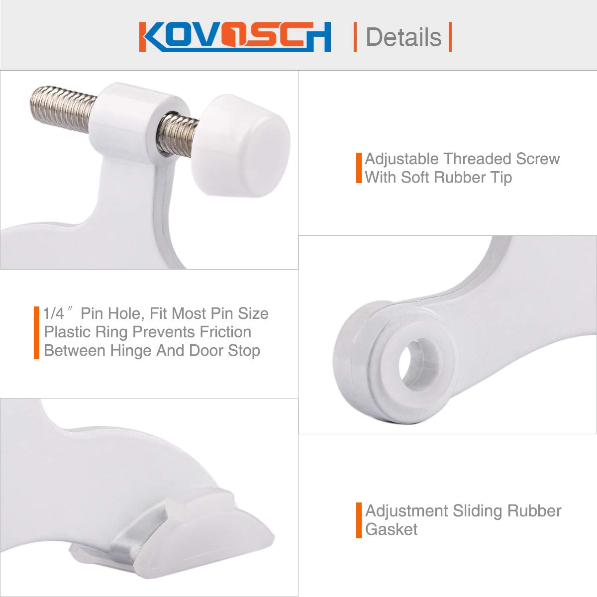 KOVOSCH 2 Pack Hinge Pin Door Stopper White - Adjustable Heavy Duty Hinge Pin Door Stop with White Rubber Bumper Tips