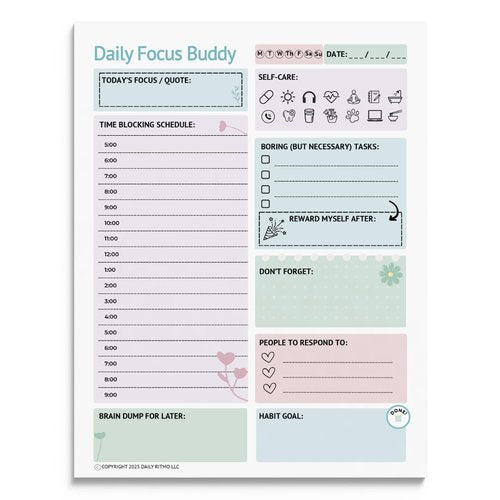 DAILY RITMO® Large ADHD To Do List Notepad for Women | Hourly Daily Focus Buddy for Adults and Teens | Pastel Color Brain Dump Desk Planner Sheets | Neurodivergent Organization Products | 8.5x11" 50 Sheet US Letter Size | Made in USA