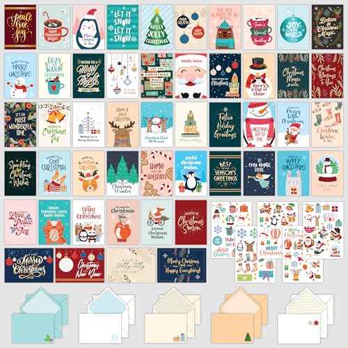 Decorably 50 Pack Foiled 5x7in Assorted Christmas Cards with Envelopes and Stickers, 50 Unique and Festive Designs Bulk Christmas Cards with Envelopes Bulk, with Printed Message Inside