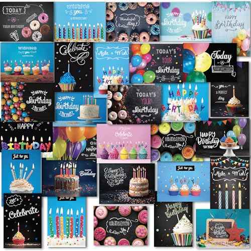 120 Birthday Cards Bulk- Happy Birthday Cards with Envelpoes,30 Unique Blackboard Designs, Large 5x7 Inches, Includes Kraft and White Envelopes ? Assorted Birthday Cards for Business & Personal Use