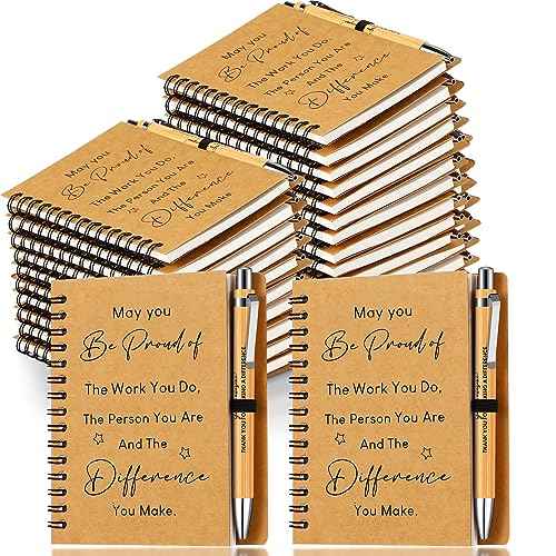 Yeaqee 30 Sets Employee Appreciation Gift Thank You Gifts 30 Pcs Inspirational Spiral Kraft Notebook and 30 Pcs Motivational Bamboo Pen Retractable Wooden Pen for Colleague Employee Nurse Teacher