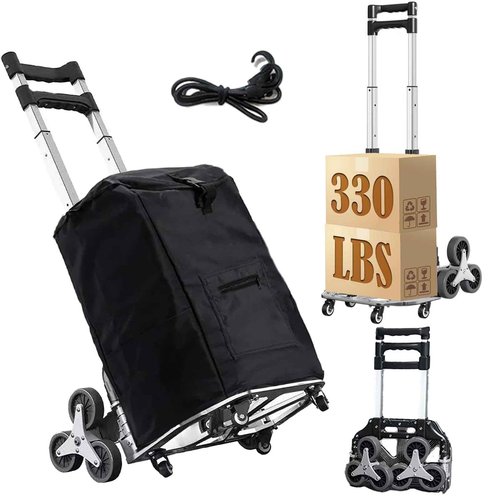 Stair Climbing Cart, 330LB Capacity Collapsible Stair Climber Cart,Cart for Stairs with Bungee Cord and Swivel Wheels 50L Shopping Bag,Hand Trucks for Moving Shopping, Office Use