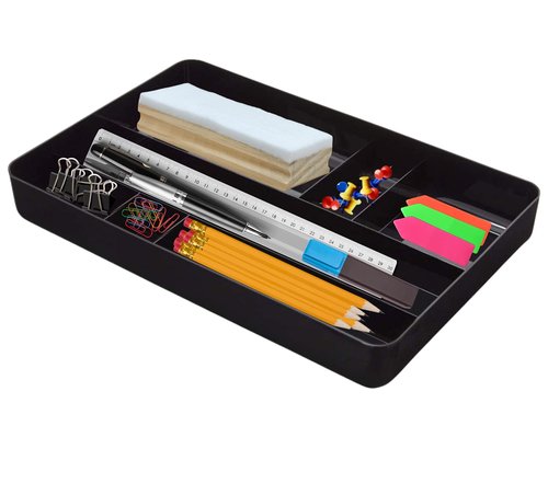 1InTheOffice Desk Drawer Tray Organizer, 7 Compartment Tray, Plastic Drawer Organizers, Black 14.13" L x 9.13" W x 2.04" H