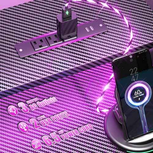 47 Inch Computer Gaming Desk with Power Outlets & LED Lights Reversible Home Office Desk with Adjustable 5 Fabric Storage Drawers for Working Writing Study, Carbon Fiber Black