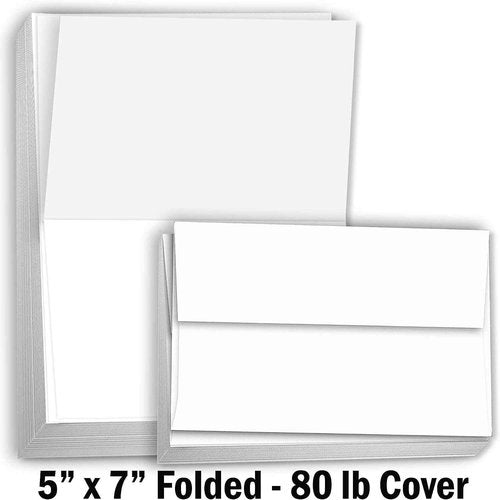 Hamilco Card Stock Folded Blank Cards with Self Seal Envelopes 5x7 - Scored White Cardstock Paper 80lb Cover - 100 Pack (Bright)