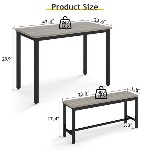 Rovibek Dining Table Set for 4 with 2 Benches – Space-Saving Kitchen Table Set for Kitchen & Dining Room, Grey