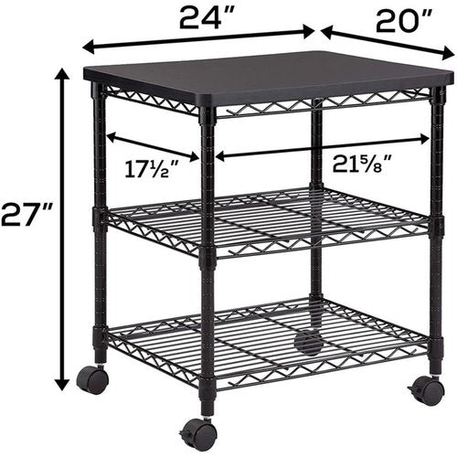 Safco Deskside 3 Tier Rolling Cart Printer Stand, Mobile Utility Table for Home Office with Steel Shelves, Black
