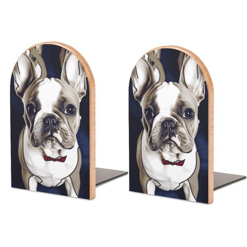 Cute French Bulldog Wood Bookends Heavy Duty and Sturdy Bookends for Shelves Non-Skid Book Stopper for Home Books DVDs Decorative CD Holder Video Game Organizer