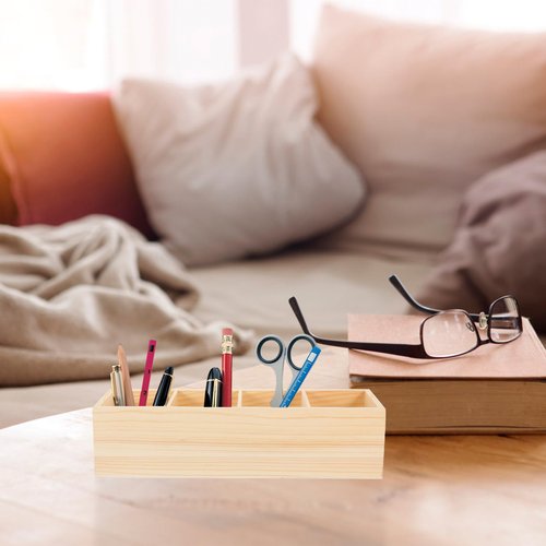 EXCEART Wood Pencil Holder for Desk,Remote Control Holder Desktop Storage with 4 Compartments Multi-Functional Desk Organizer for Pen Pencil Office Supplies Remotes
