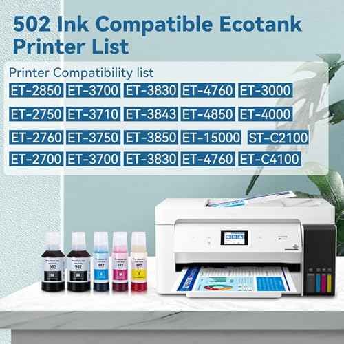 502 Ink Refill Bottles for ET-2850 ET-3850 ET-2760 Replacement for Epson 502 Ink Bottles (5 Pack) ET-3760 ET-4760 ET-4850 ST-4000 ST-2000 ET-3830 ET-3843 ET-2750 ET-3750 Printer (T502-5P)