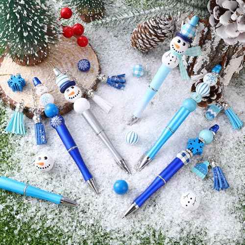 12 Set Christmas Beadable Pens Plastic Bead Pens Winter Snowman Blue Bulk Ballpoint DIY Crafting Pens Making Kit with Pendants Lobster Clasps for Students Teens School Office Supplies