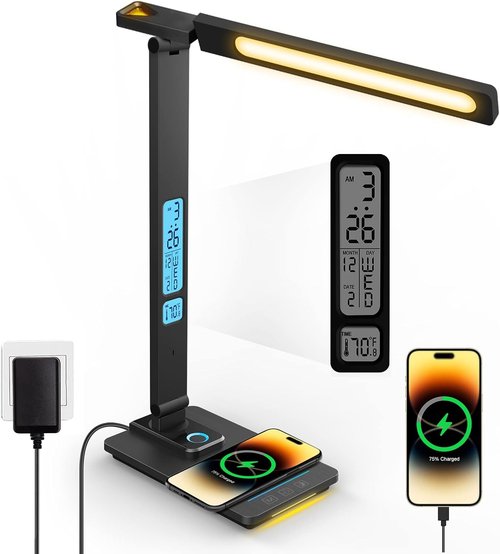 LAOPAO LED Desk Lamp - Wireless Charger & 5 Color Modes | Dimmable Brightness for Home Office & Bedroom
