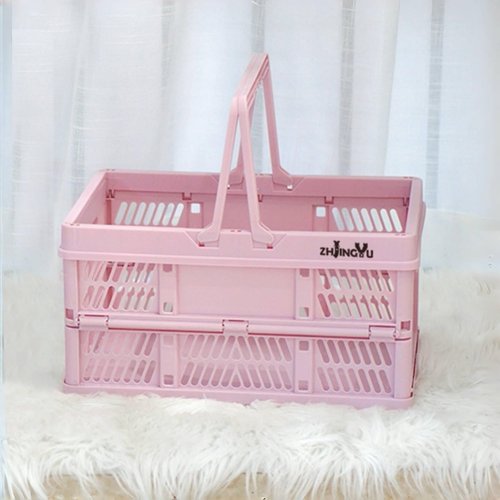 ZHJINGYU crates for storage,plastic baskets for organizing,collapsible shopping basket,20L foldable crate with Handles,Car Milk Dairy storage crate, for Kitchen,Bathroom,Medicine.Garage M,Pink