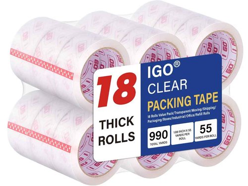 I GO Clear Packing Tape, Packaging Tape Refills for Shipping Moving Box Mailing Storage Sealing, 1.88" Width x 54.68 yd. Length, 2.95" Core, Clear, 2.64 mils/0.067 mm Thick (18 Rolls per Pack)