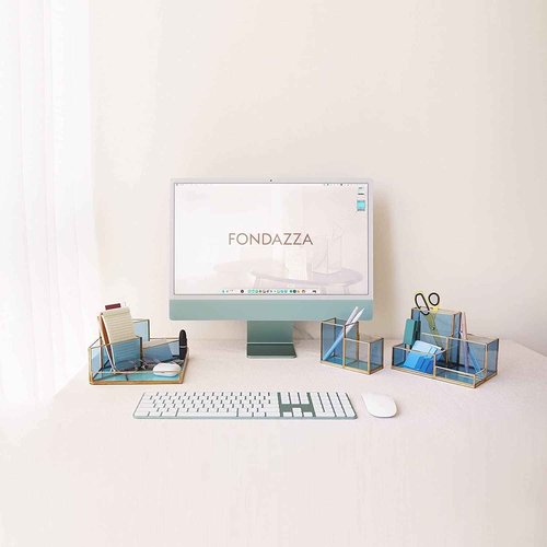 FONDAZZA Set of 2 Gold Desk Organizers for Home Office Supplies, Gold Brass and Blue Glass, 1 Each of 5-Compartments and 2-Compartments, Storage for Stationery, Cosmetic, makeup tools and Brush.