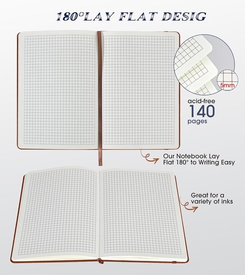 Biuwory Graph Paper Notebook - 140 Pages Hardcover Journal for Work & School | 5.7" x 8.3" Brown