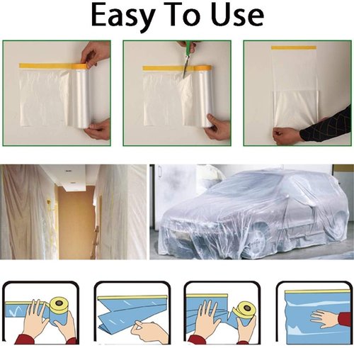 uyoyous 6 Rolls Pre-Taped Plastic Masking Film, 9x67 ft Painters Covering with Drape Paper, Paint Adhesive Protective Film Roll for Cars, Auto and DIY Project Essentials