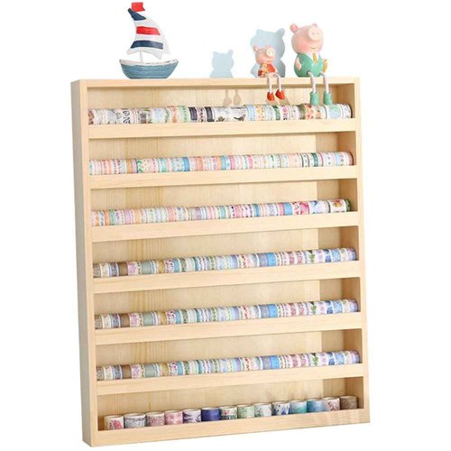 JforSJizT 7 Layers Wood Washi Tape Box Organizer and Storage with Hanging Hook, Desktop Tape DIY Sticker Roll Holder, Divider Closet Container Holder for Sewing and Thread