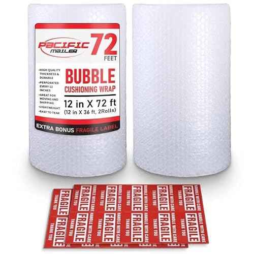 Bubble Cushioning Wrap Pacific Mailer 5/16 Inch x 12 Inch x 72Feet Total [2 Rolls of 36 Feet] Bubble Cushioning Wrap for Packing Moving Supplies Perforated Every 12"