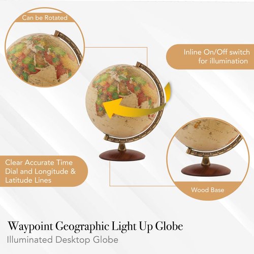 Waypoint Geographic Light Up Globe - Como 12” Desk Decorative Illuminated Antique Ocean Style with Stand, Up to Date World Globe