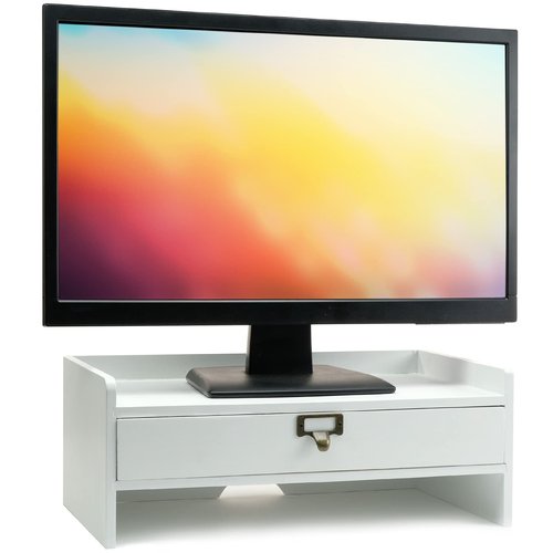 EXCELLO GLOBAL PRODUCTS Wooden Monitor Stand: Includes Drawer for Desktop Organization of Notebooks, Pens, Pencils & Office Supplies (White)