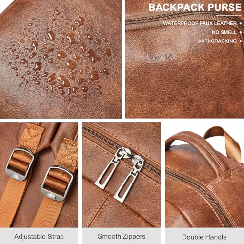 30L Backpack Purse for Women Men Laptop Backpack, Faux Leather Travel Work Backpack Teacher Bookbag fits 15.6" Laptop,Brown