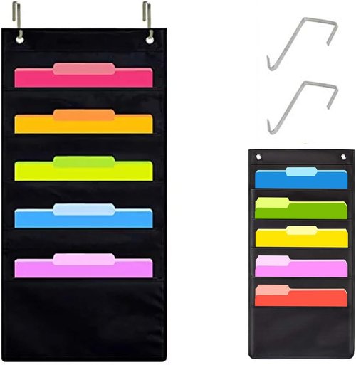 Oxford Wall File Organizer - 5 Pocket Hanging Storage Solution for Classroom, Home & Office - Black