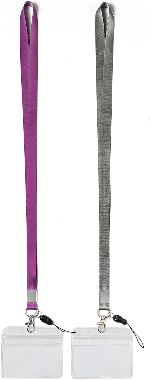 YOUOWO Horizontal Clear ID Badge Holders - 2 Pack with Heavy-Duty Neck Lanyards | Waterproof PVC, Purple & Grey