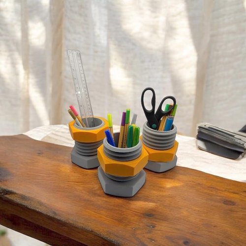 Nut and Bolt Design Desk Organizer, Pencil Holder for Office and Home, Back to Work Gift, Office Welcome Back Gift, Coworker Welcome Back Surprise, Gray and Orange