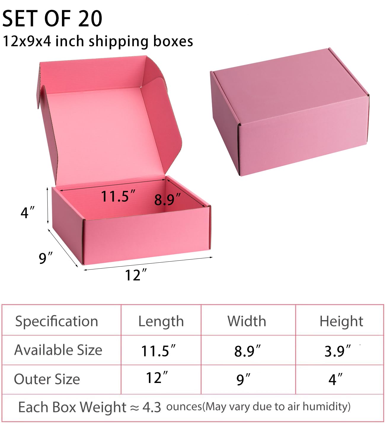 DUZCLI Pink Shipping Boxes 12x9x4 Inches, 20 Pack