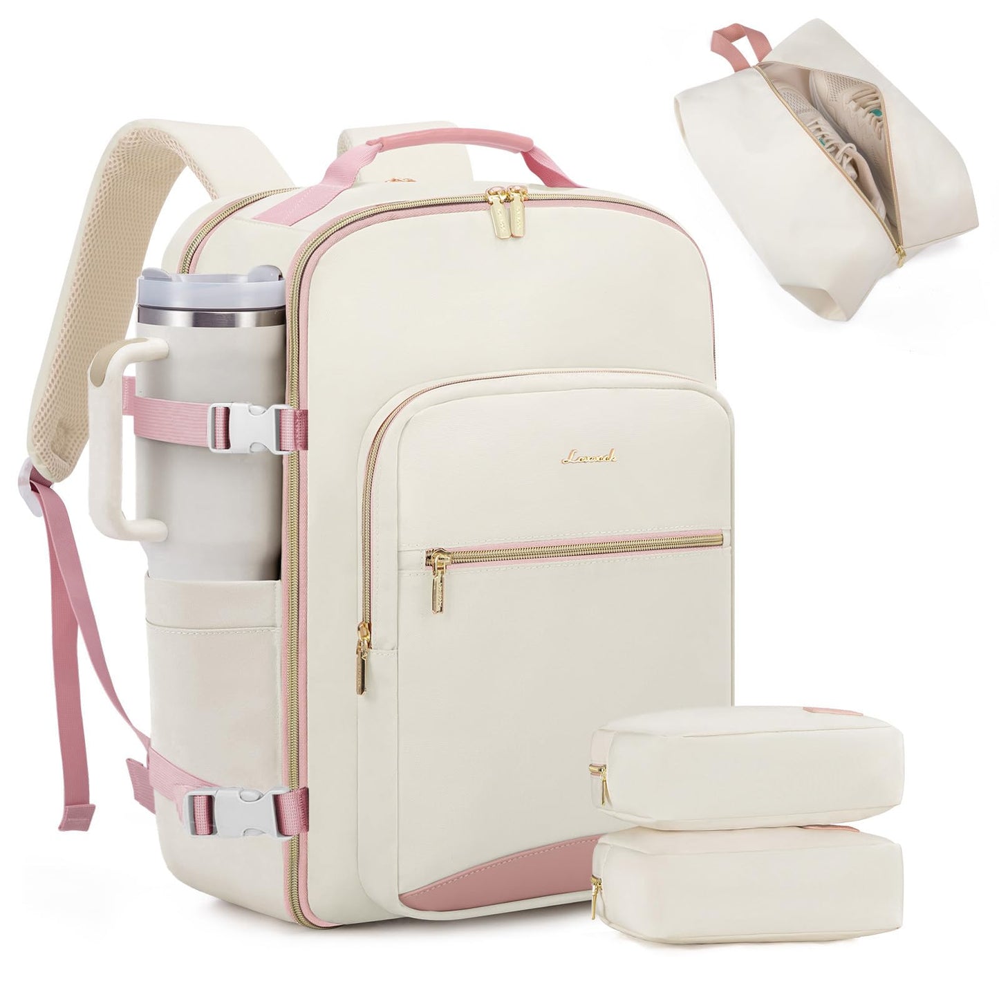 LOVEVOOK 40L Large Travel Backpack for Women Men, 17 Inch Carry on Backpack for Traveling on Airplane, Personal Item Travel Bag Airline Approved, Business Causal Weekender Backpack, Beige-Pink
