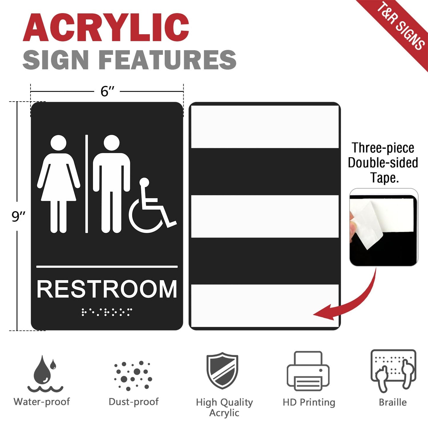 T&R ADA Braille Unisex Bathroom Signs, Restroom Signs - 1 Pack - 9 x 6 Inches Acrylic with Self-Adhesive Tape for Office or Business Bathroom and Toilet Door or Wall Decor