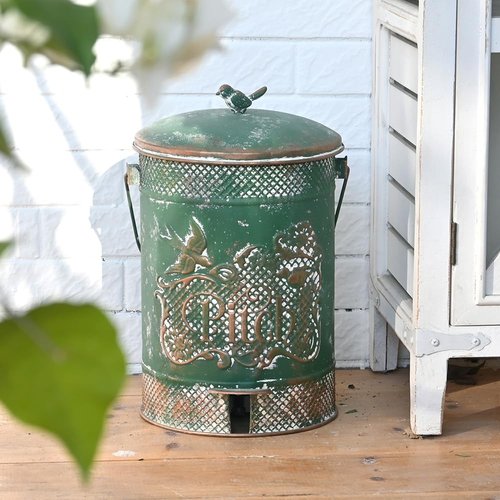 Chadechimo Farmhouse Garbage Can with Lid Indoor Outdoor Trash Can with Embossed Bird and Flowers PatternMetal Retro Kitchen Trash Can with Lid for Kitchen Room and Garden Decor (Green)