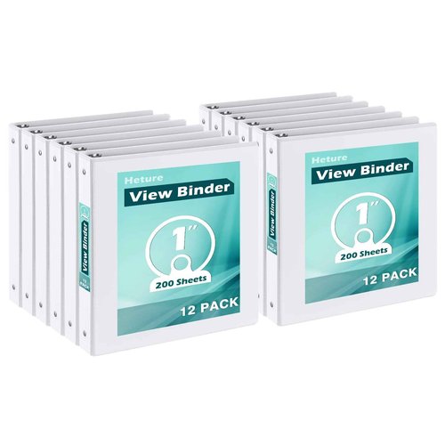 Heture 3 Ring Binder 1 Inch 12 Pack, 1" Clear View with Round Rings, PVC-Free,Holds for 200 Sheets 8.5“ x 11" US Letter Size Paper, Durable White Binders Perfect for Office,School and Home