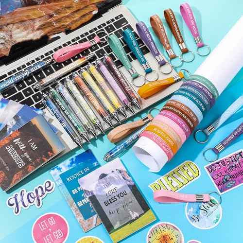 Yeaqee 146 Pcs Christian Gifts Set Bulk Include 24 Bible Verses Pens 24 Bible Notebooks 24 Scripture Quotes Bracelets 24 Inspirational Keychains 50 Jesus Christian Stickers(Trendy)