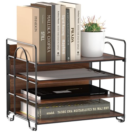 LUCYCAZ 4 Tier Paper Organizer for Desk - Wood Desk Organizer, Metal Paper Tray Organizer, File Organizer for Office Home School, Black